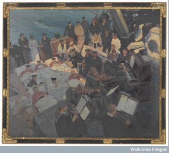 Wounded sailors listening to music onboard ship